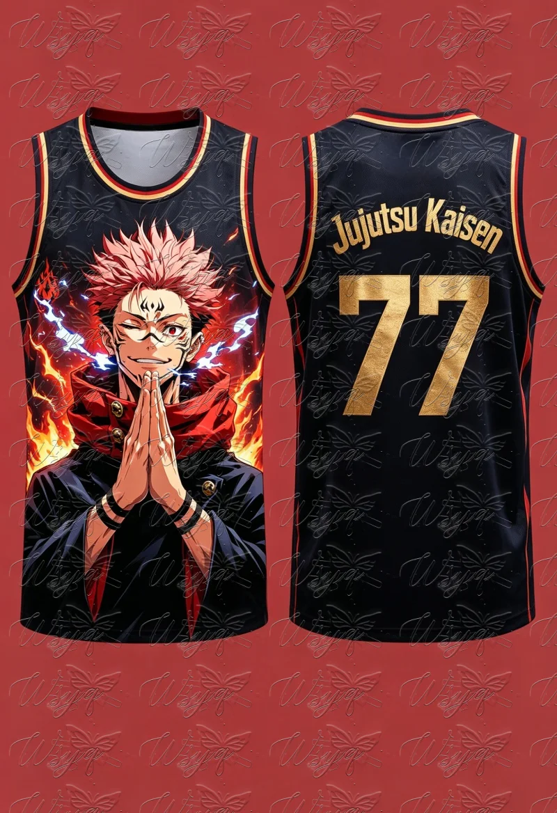 Summer Manga Quick Dry Mesh Basketball Tank Unisex Jujutsu Kaisen Ryomen Sukuna Flame Lightning Print Breathable Sports Vest