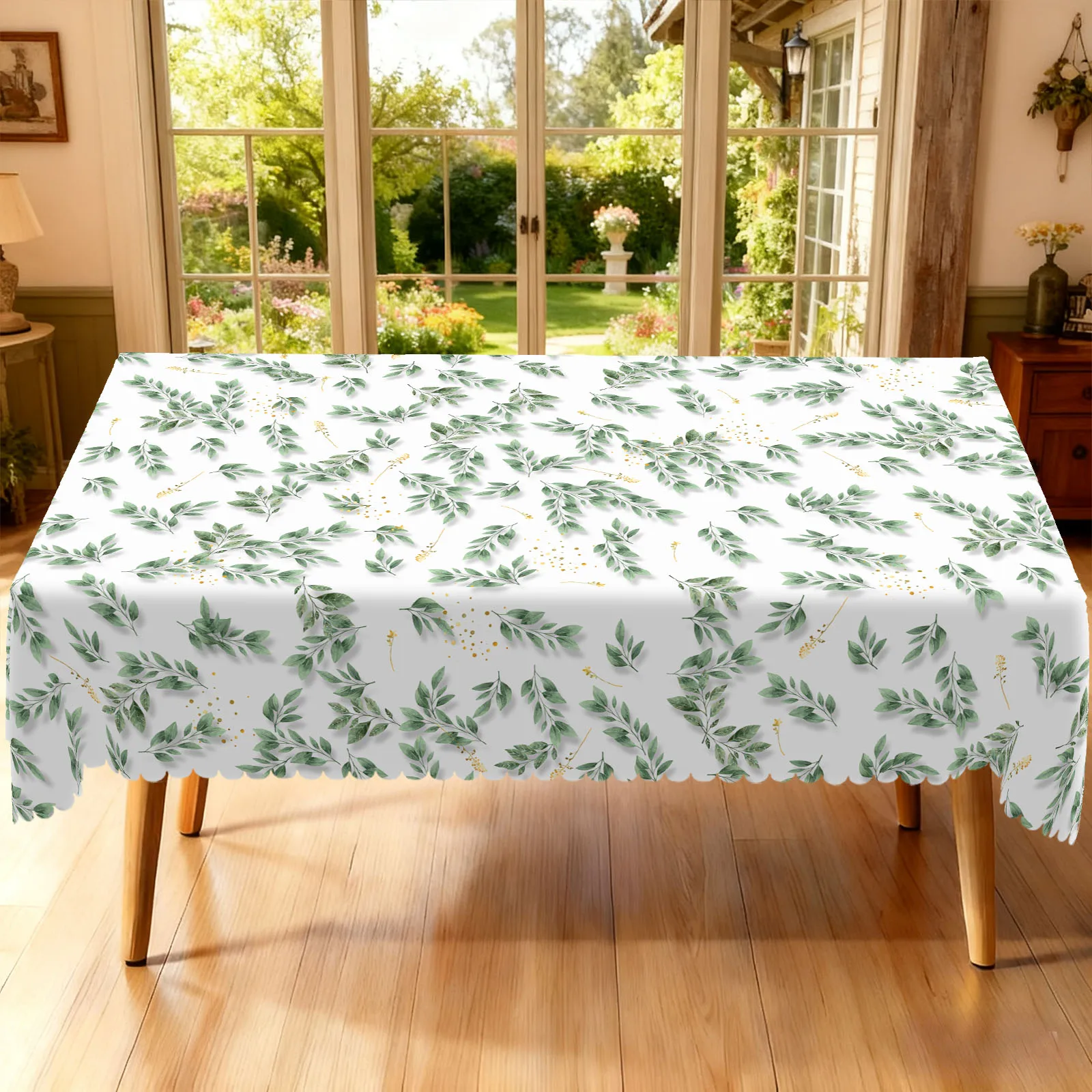 1 Piece of Spring-Themed Green Leaf Round and Rectangular Tablecloth, Available in 5 Sizes, Featuring Fresh Watercolor Green Leaves as the Core Element, with Printed Floral Clusters and Fine Gold Foil Texture, Embossed Edges, and an Elegant Ambiance. Suitable for Everyday Use in the Home Living Room, Dining Room, Leisure Tea Table, Spring Atmosphere Decoration, and as a Four-Season Decorative Gift