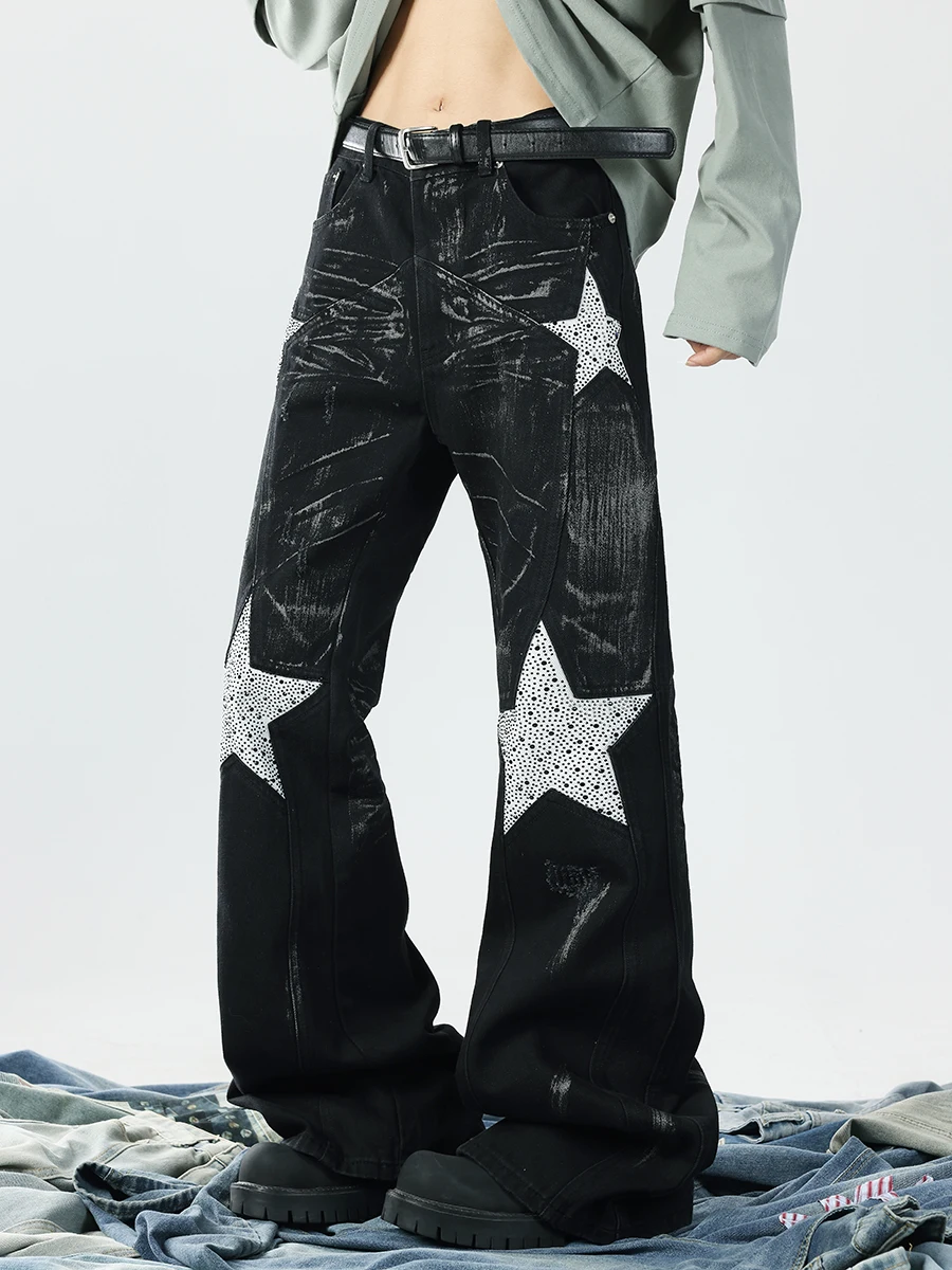 

Boyue Tie Dye fiti Skinny Jeans Bell Bot Diamond Studded Casual Loose Fit Jeans for Men And Women Daily Wear