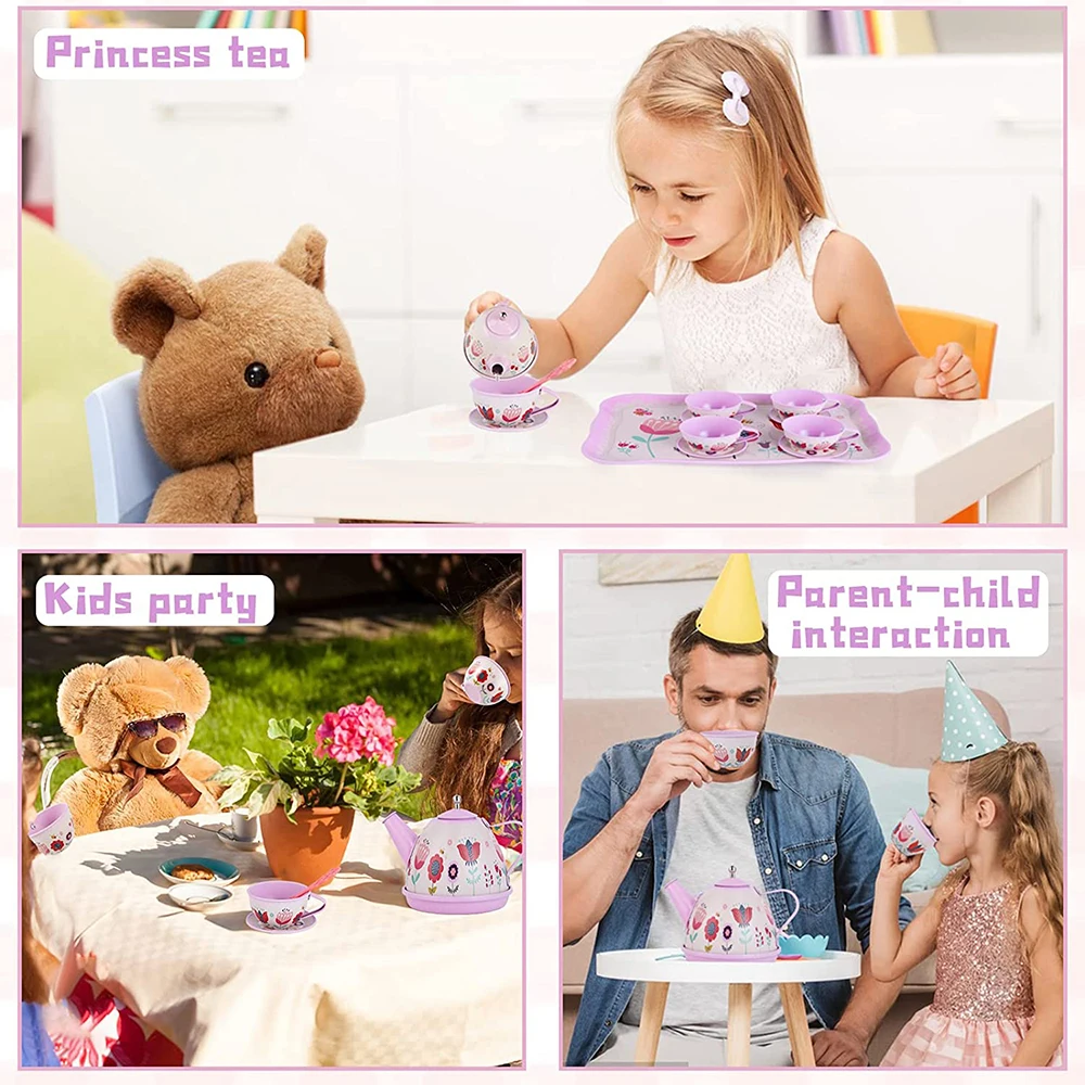 Kids Tea Set for Little Girls Princess Party for Design Toy with Metal Teapots Cups Plates Coasters Spoons Carry Case Pretend