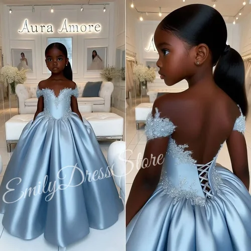 Imagen 2 del producto Vestido de fiesta de satén con apliques de encaje y hombros descubiertos para niñas, diseño de espalda con corsé para ocasiones formales, bodas, cumpleaños de niña de las flores