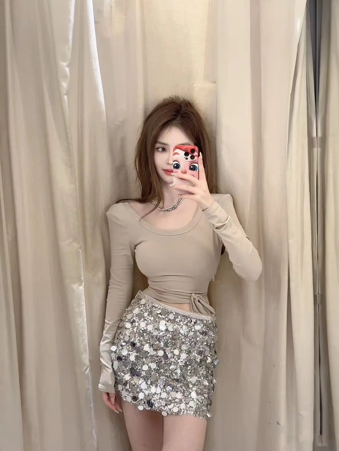 Printemps automne 2025 femmes Faion jupe ort a-ligne décontracté paillettes lumineuses taille haute fibre de Polyester coupe ajustée couleur Pure