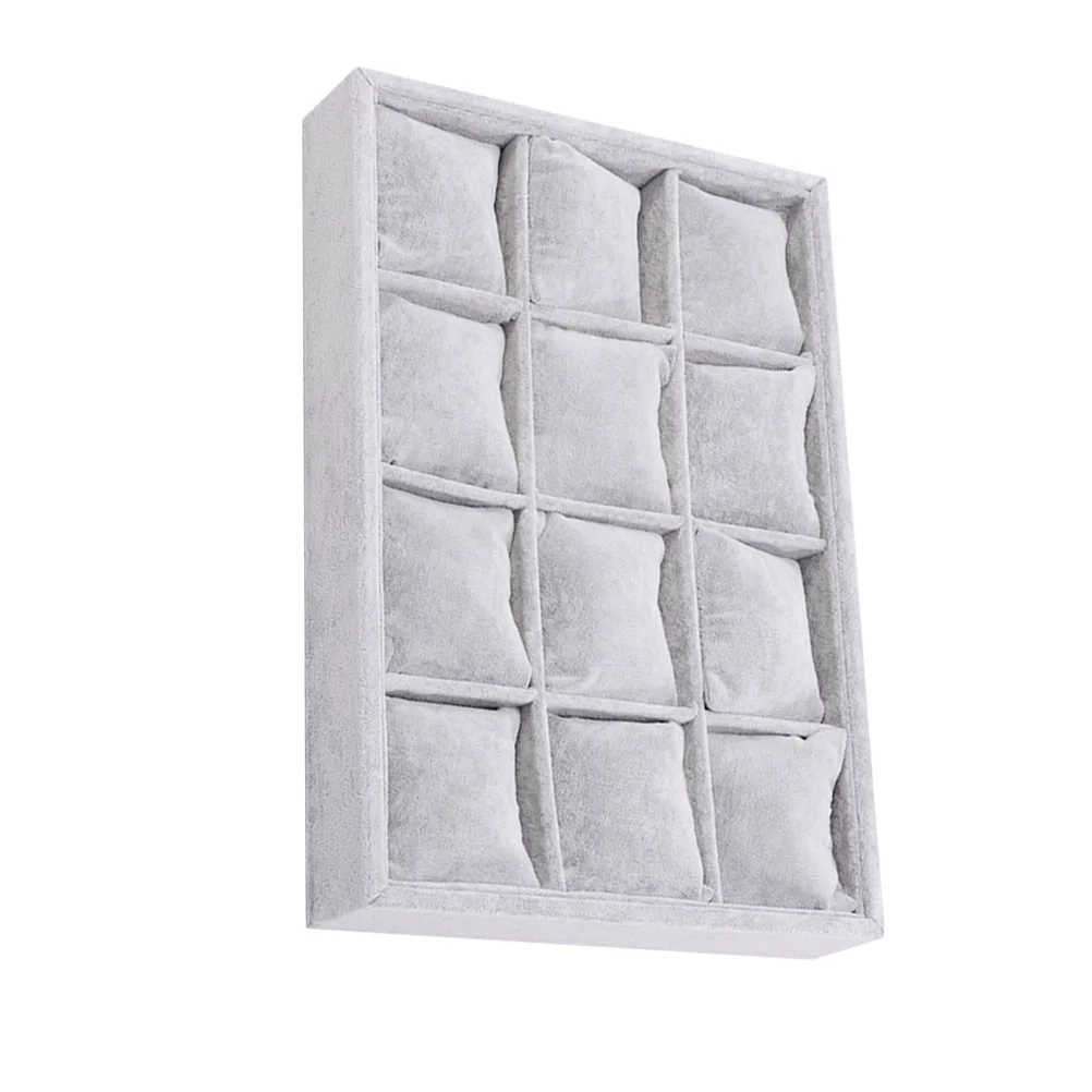 

1 шт., органайзер для ювелирных изделий, серый, 12 отделений, подушки, кольцо для часов, серьги, хранение, идеально подходит для дома или магазина