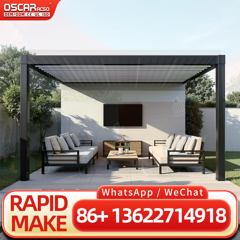 Foshan Motorized Louvered Aluminium Smart Pavilion Outdoor Bioclimatic Outdoor Lounge Relaxing Entertainment Garden Use pergola