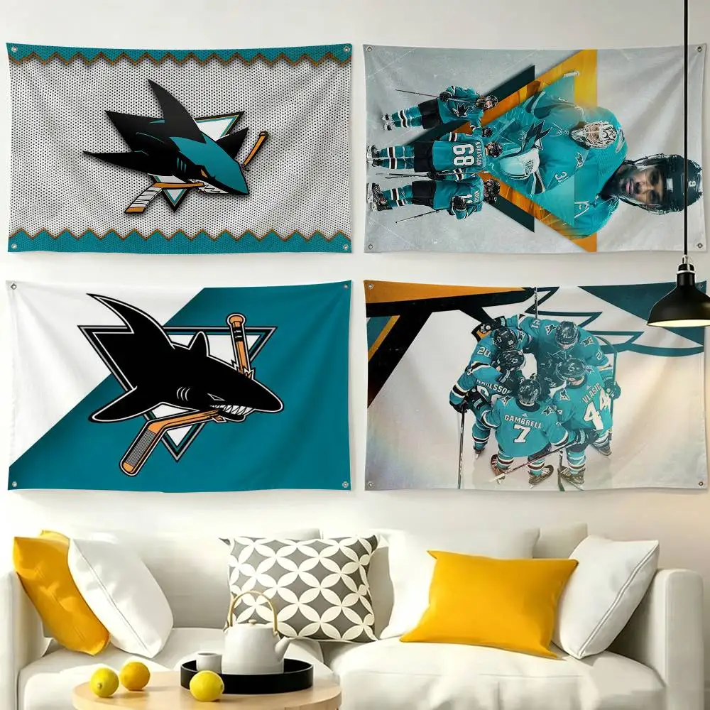 Drapeau des Sharks de San José, idéal pour les fêtes, les clubs, les décorations murales intérieures et extérieures, bannière, cadeau pour les fans.
