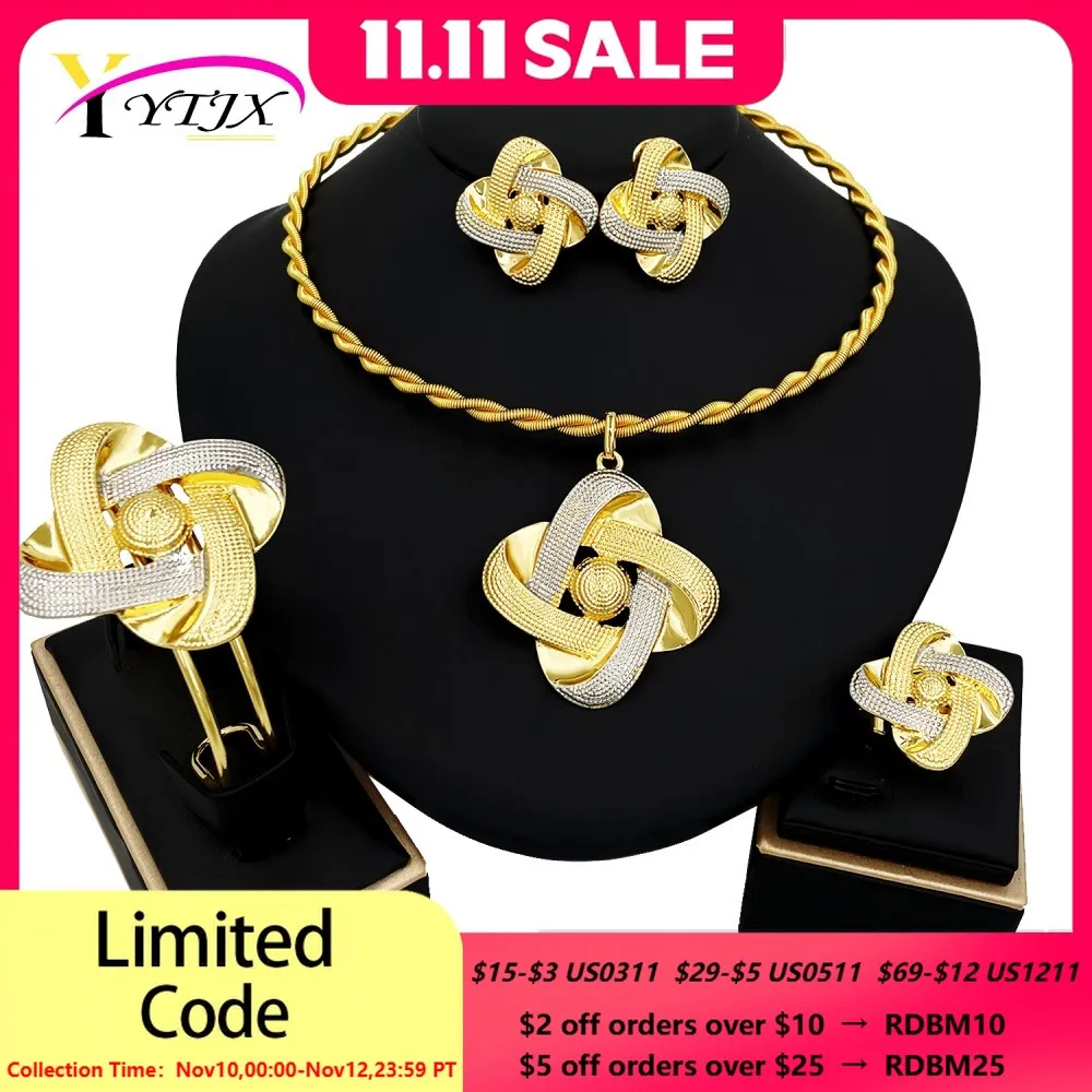 

YTJX модный массивный двухцветный комплект ювелирных изделий, шикарный кулон в виде клевера, ожерелье, браслет, серьги для пирсинга, кольцо для женщин, свадебный подарок