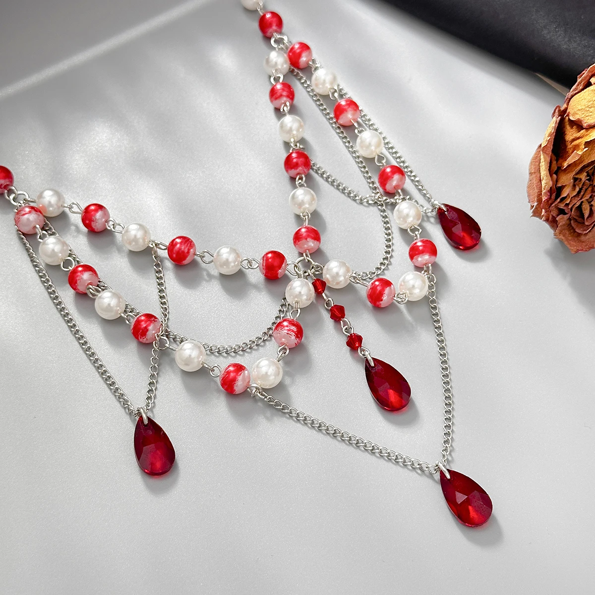 

SHIXIN Goth Multilayer Red Crystal Imitation Pearl Choker Necklace for Women Retro Blood Drop Pendant Necklace Halloween Jewelry