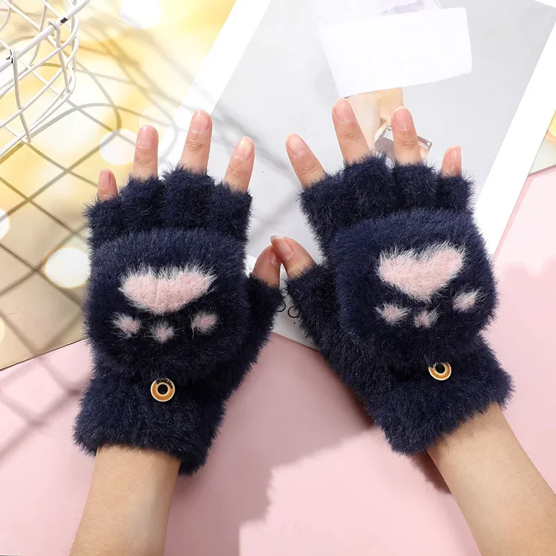 Women Girls Lovely Winter Warm Fingerless Gloves Girls Fluffy Bear Cat Plush Paw Claw Half Finger Gloves Mittens Gifts New