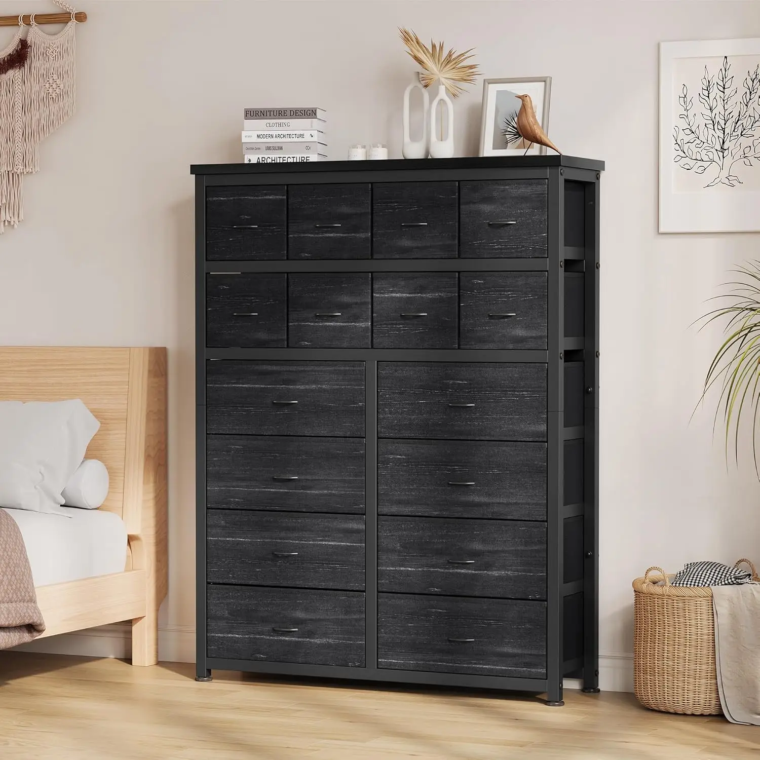 Armario de Almacenamiento Alto para Entrada – Cómoda Moderna de Tela con Tapa de Madera Resistente y Estructura Metálica – Cajonera Organizadora para Dormitorio, Armario