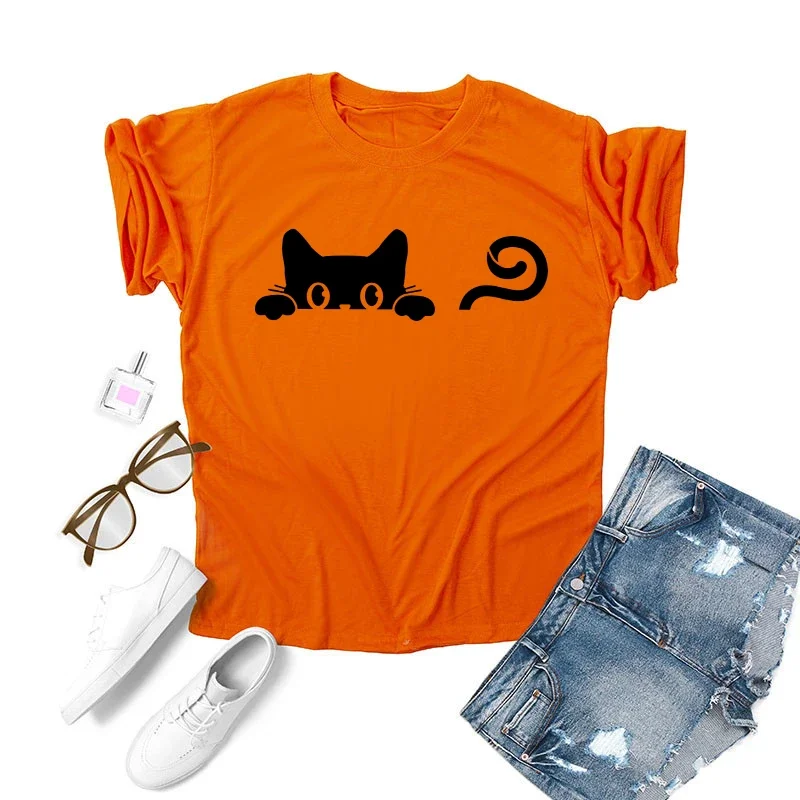 2025 mais popular feminino bonito gato camiseta de alta qualidade em torno do pescoço camisetas menina diariamente casual moda t