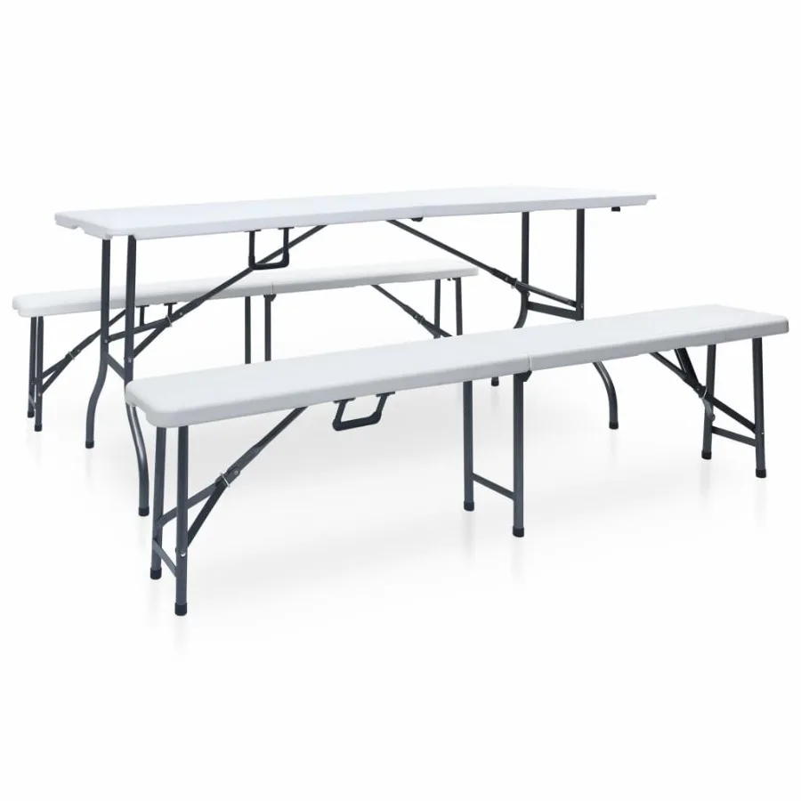 

Folding Patio Table with 2 Benches 70.9 Steel and HDPE White