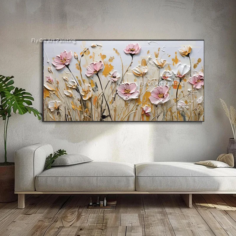 Beige Pink Flowers Fied Oil Painting Modern Artwork Hand Painted Blue Yellow Knife Thick Knife Thick Canvas Wall Art For Decor