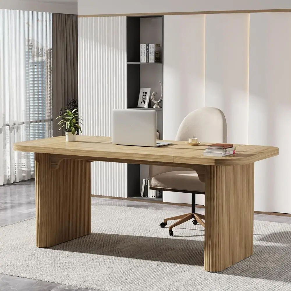 

Spacious 62 Executive Office Desk with Double Pedestal, Sleek Modern Style Writing Table for Home or Office (Natural Finish)