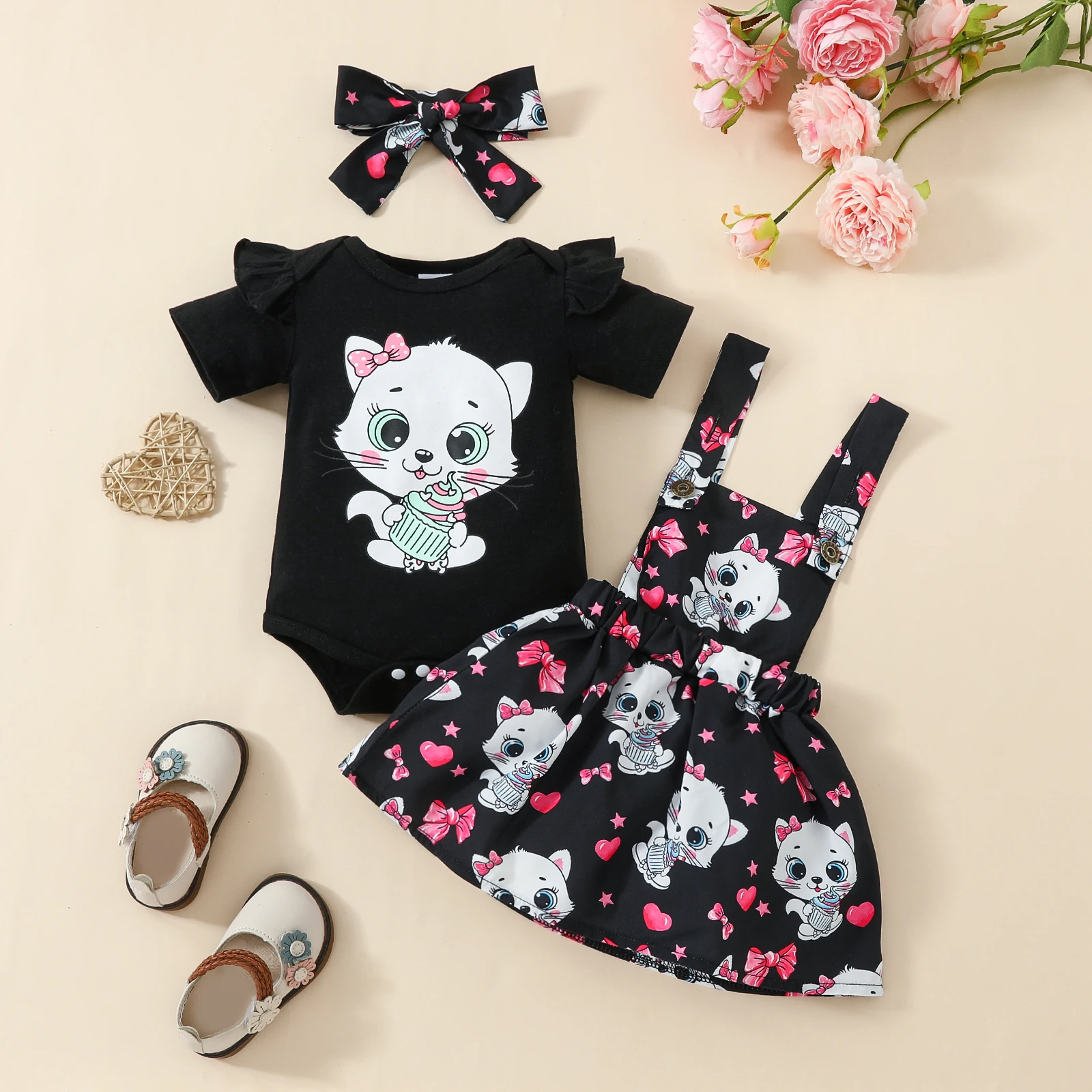 3-Piece Baby Girl Summer Dress Set - Adorable Cat