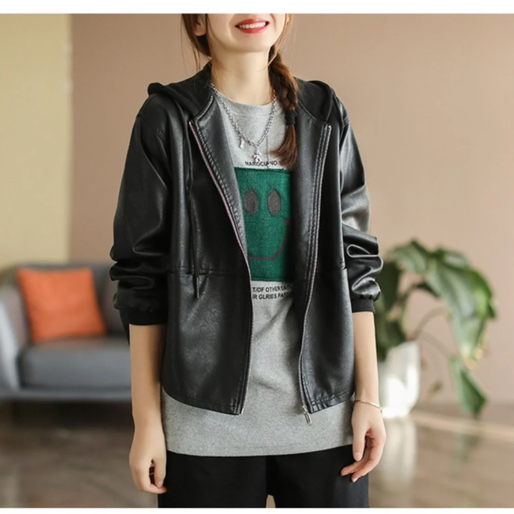 2024 Autumn new literary retro loose casual PU Leather short hood zipper all-match slimming leather coat