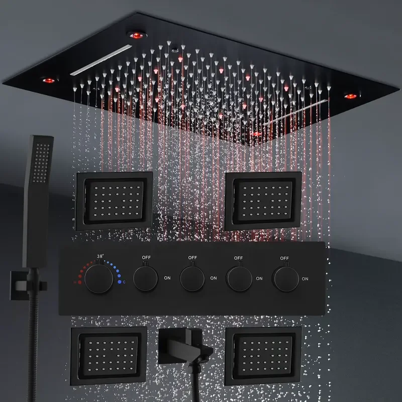 Bathroom Matte Black Remote LED Shower Head Panel Waterfall Shower System Set Lateral Jets Thermostatic Mixer Valve Diverter