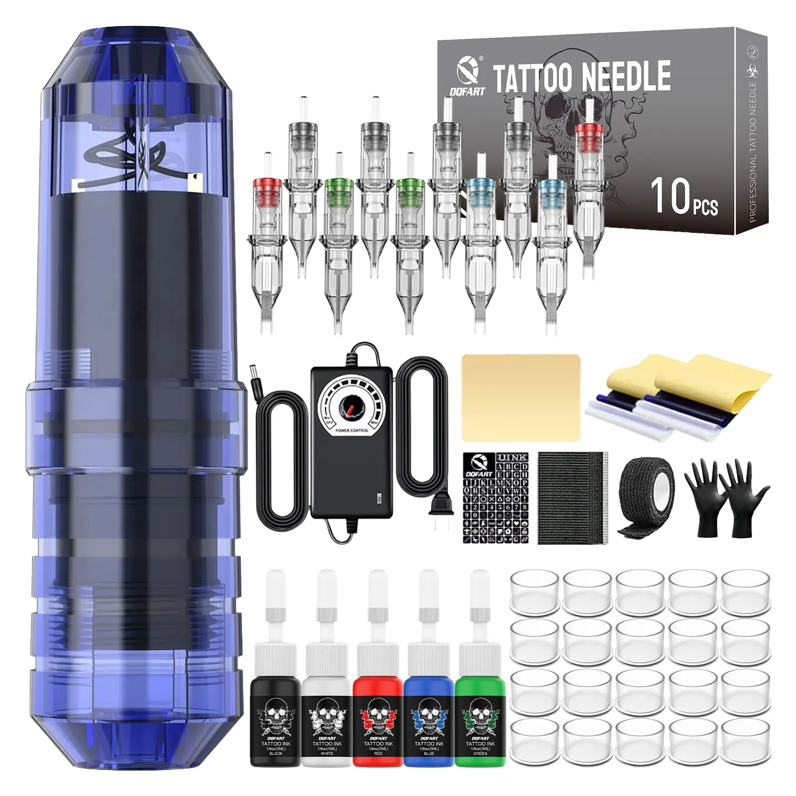 

Tattoo kit, rotating tattoo pen, tattoo machine, tattoo needles, tattoo ink, essentials for tattoo artists starting out.