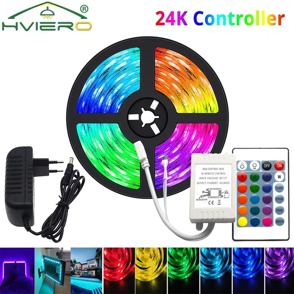 RGB Led Light Strip 2835 Wall Lamp 5M 10M Neon Flexible Ribbon Stripe DC 12V Diode Tape 24Key Controller Color For TV Backlight