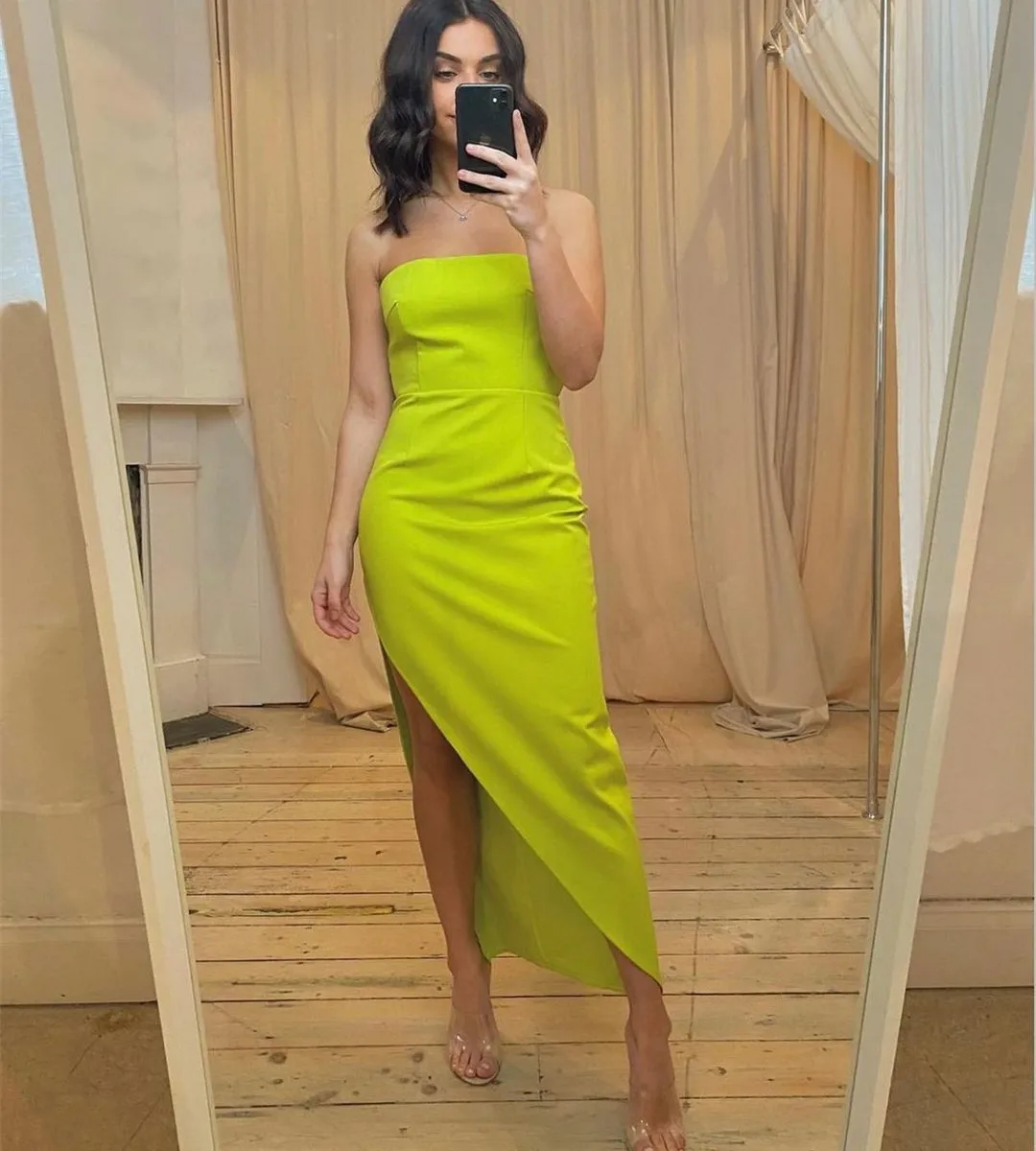 

BridalAffair Elegant Satin Evening Dresses Long Green فساتين السهرة Ankle Length Side Slit Robe De Soiree Longue Party Dresses