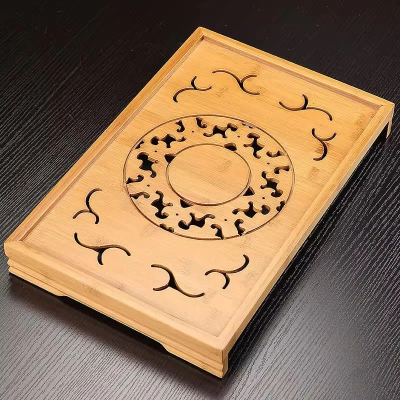 Hot Sale Flower Carving Kung Fu Tea Set Natural Wood Bamboo Tea Tray Rectangular Traditional Bamboo Puer Tea Tray Tea Table