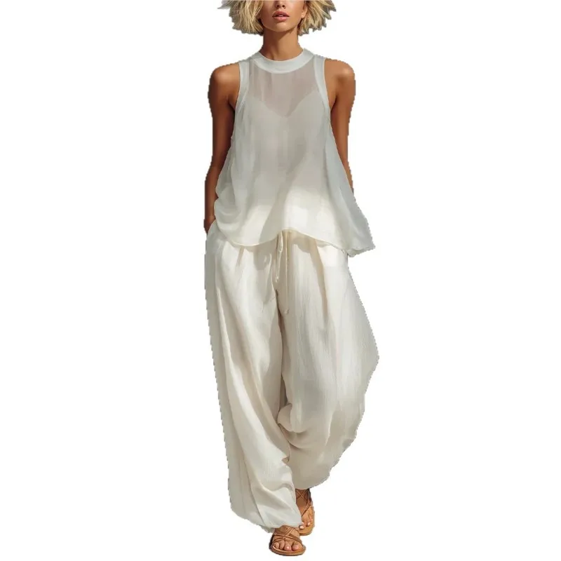 2026 New Summer Women's Long Pants Set Solid Color Sleeveless Casual Loose Elegant Temperament Breathable Unique Long Pants Set view 5