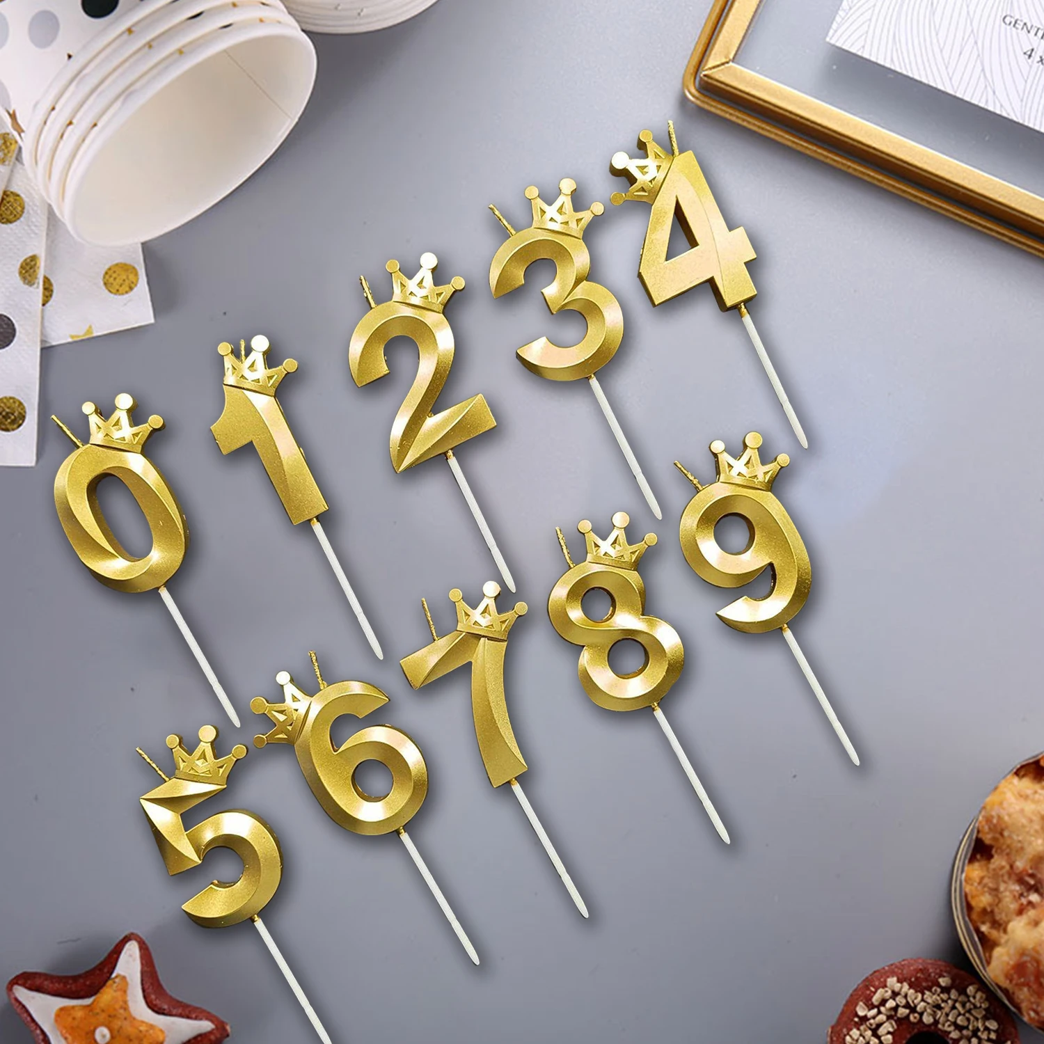 0-9 Number Party DIY Decorations Gold Crown Candles Topper for Happy Birthday Cake Queen Baby Shower Anniversary Decor