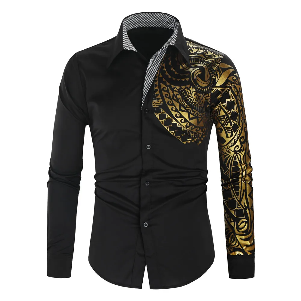 Camisa ajustada con estampado dorado para hombre, camisa informal de manga larga, moda coreana, ropa para hombre