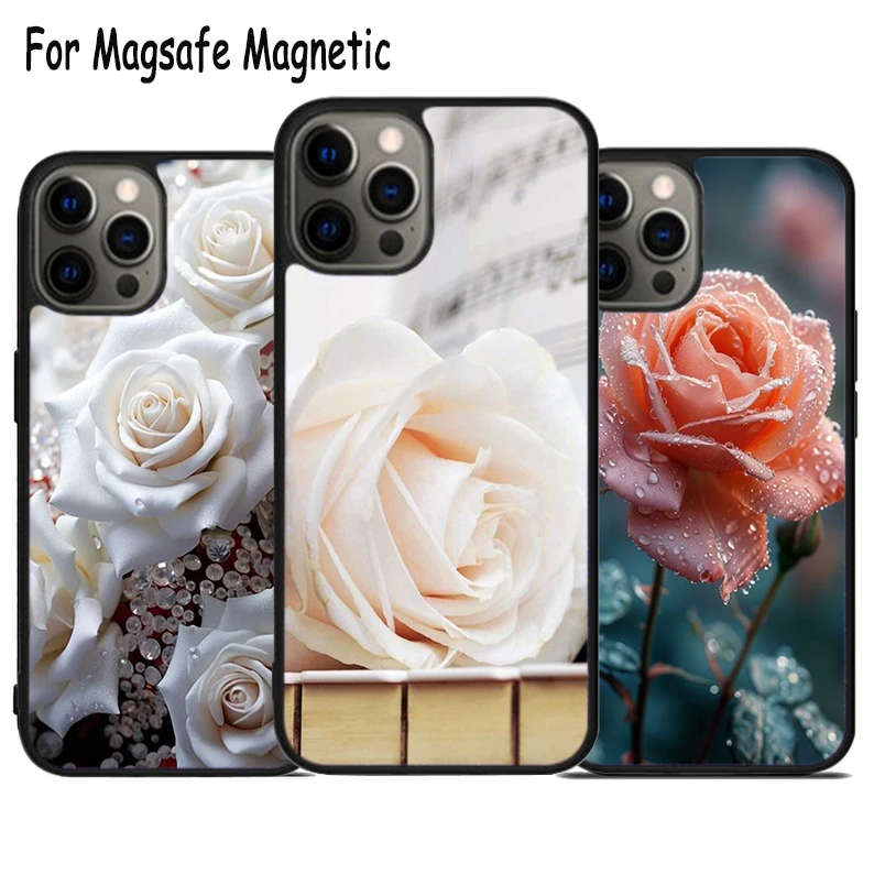 Graceful White Rose Wireless Charge Magsafe Phone Case For iPhone 15 16 14 13 11 12 Pro Max Plus Magnetic Bumper Cover