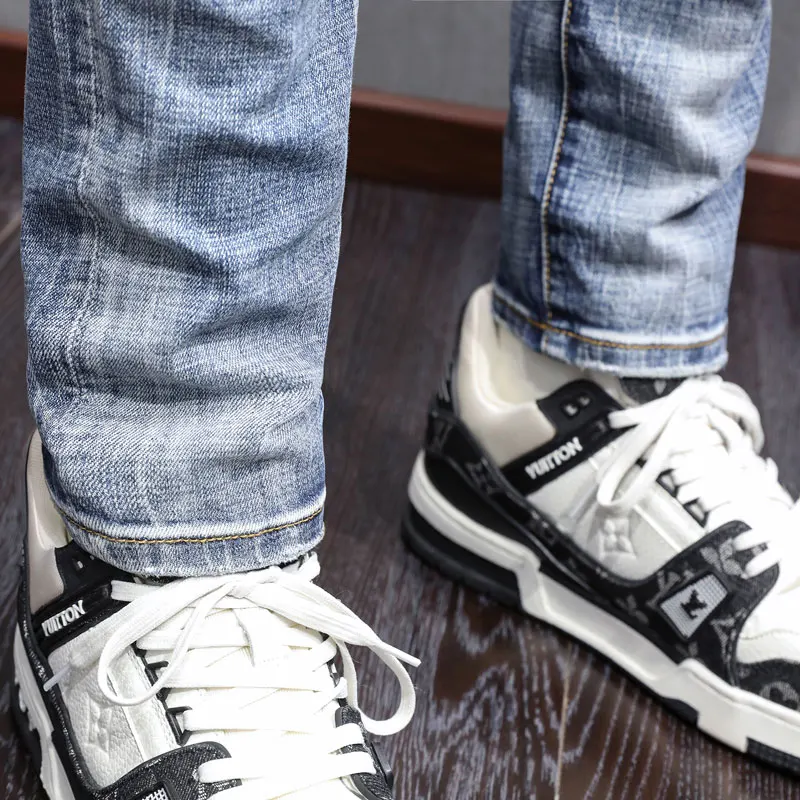 Street Fashion Men Jeans High Quality Retro Light Blue Stretch Slim Patched Ripped Jeans Men Brand Designer Vintage Denim Pants