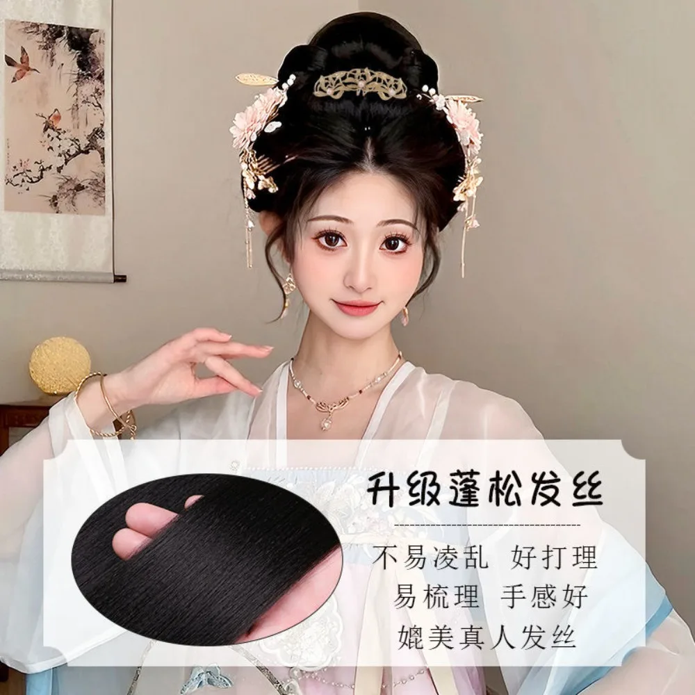 Traditionele Chinese Hanfu-pruik - Volledig haar Zijde Luie knot Opgestoken voor vrouwen Oud kostuum Haarstukje Chinese oude haaraccessoire