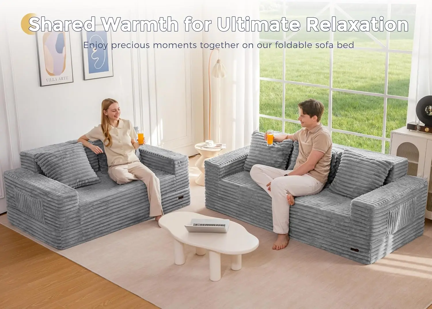 80-Inch Boneless Loveseat Sofa With Cup Holders, Grey Striped 4-in-1 Convertible Floor Chair No Assembly, Customized