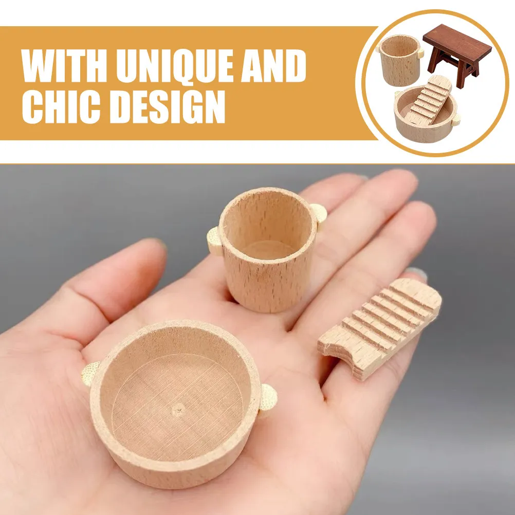 1Set Mini House Basin Washboard Bucket Stool Decorative Miniature Home Scene Craft Accessory for Dollhouse Interior Photography