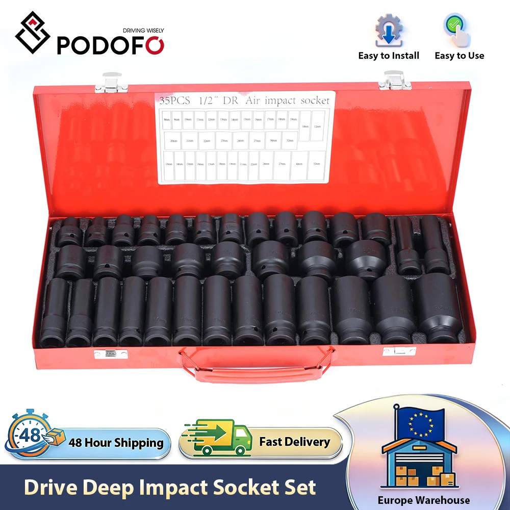 Jeu de douilles à chocs Podofo 35 pièces avec embout de 1/2 pouce en acier chrome vanadium, douilles épaisses, outil manuel pour réparation automobile, garage et camion
