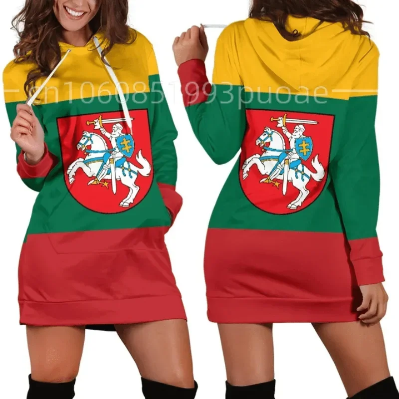 2023 Love Lithuania Country Flag New Harajuku Novelty 3D Print Autumn Hoodies Dress Women Casual Wear Long Sleeve Hooded Dress