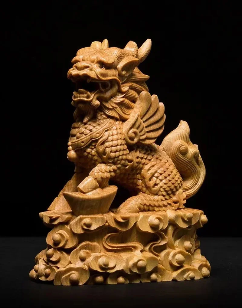 2PCS Wooden Qilin Statue cypress wood  Feng Shui Lucky Kirin Figurine, Mythical Wealth Protector Decor for Home Office Desk Gift