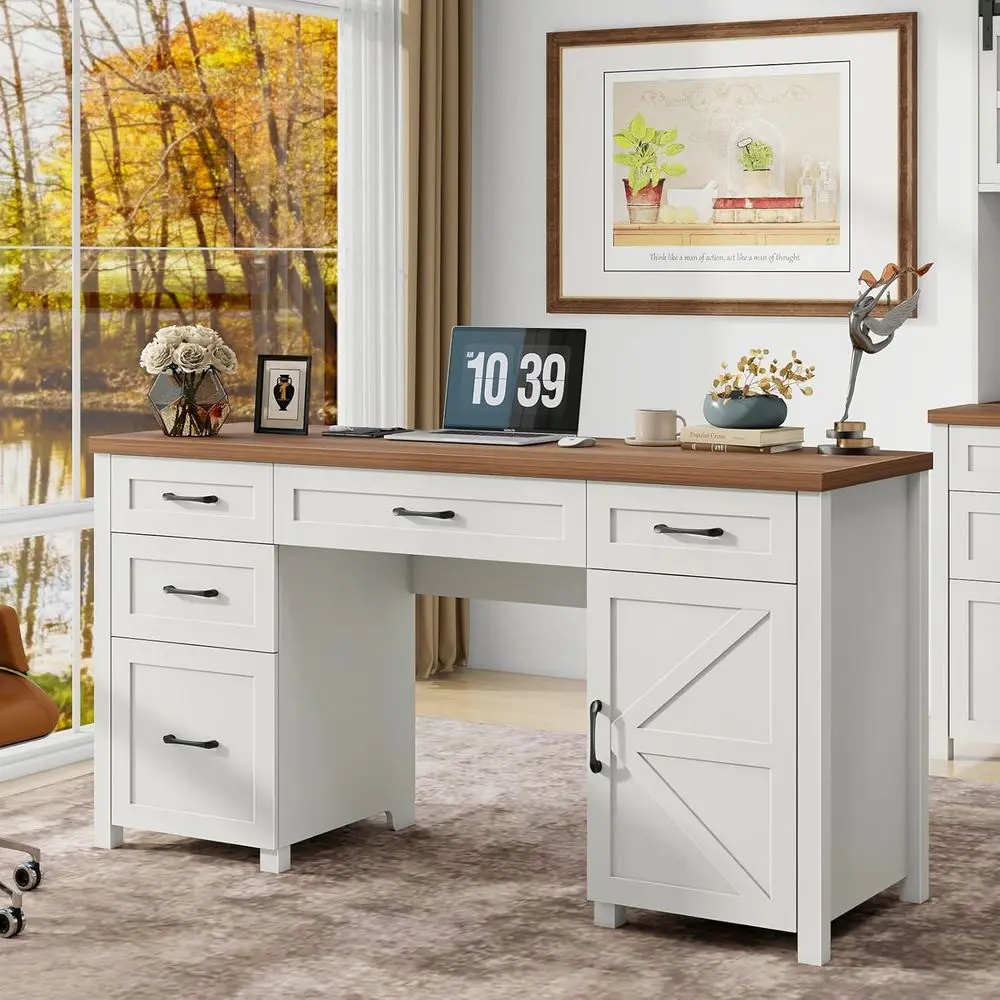 

Rustic 61 Executive Desk with 5 Drawers, Brown Wood Computer Desk for Home Office and Study with Storage Cabinet