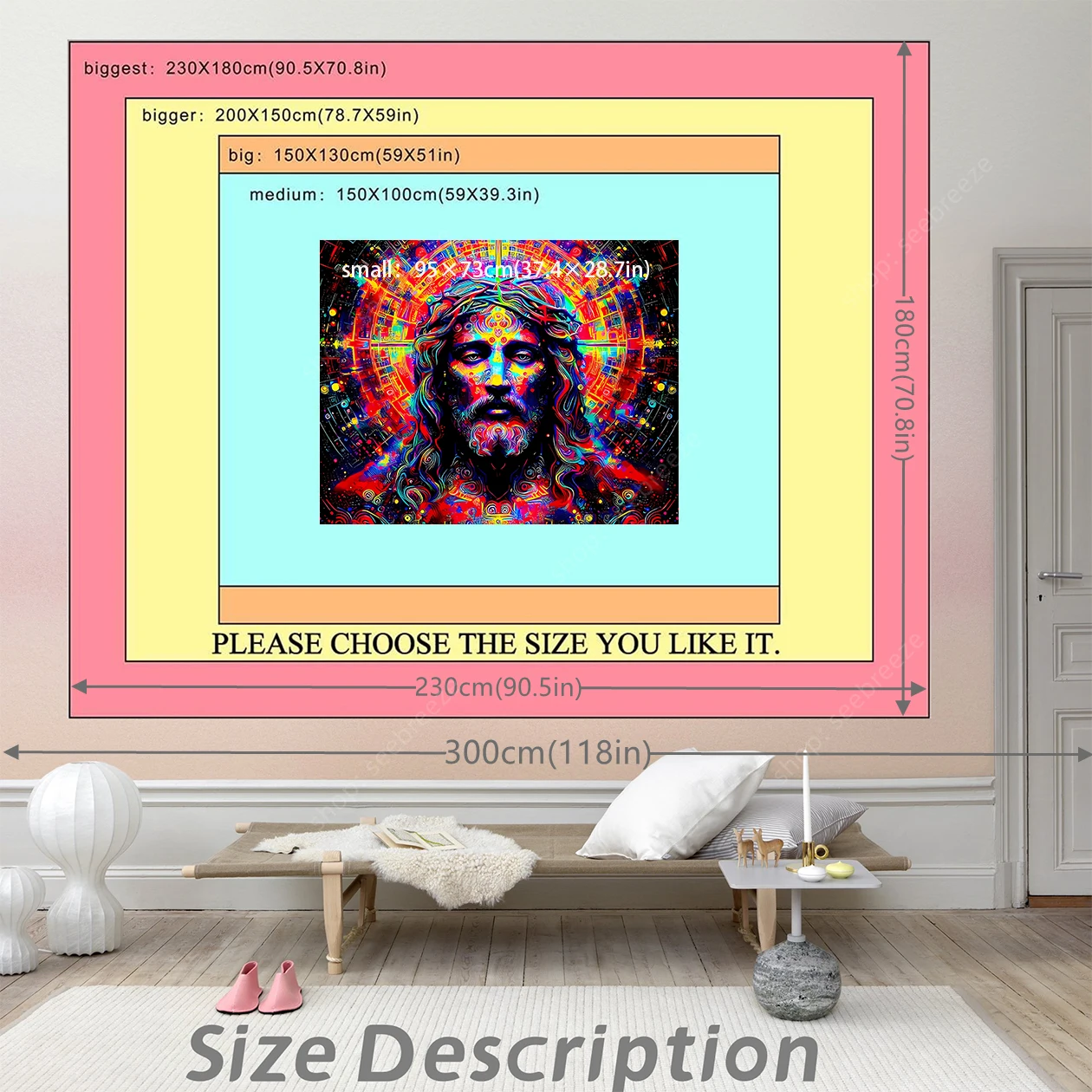 Jesus UV Reactive Wall Tapestry Psychedelic Geometric Neon Background for Bedroom Aesthetic Sofa Blanket Yoga Mat Home Decor