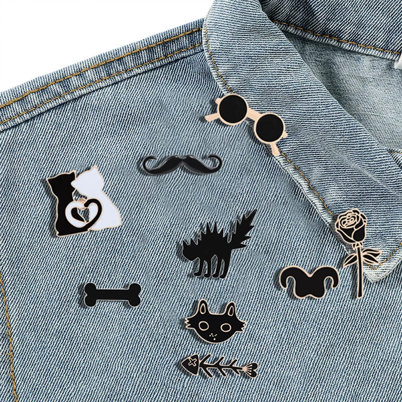 Brooch Pins Fashion 11 Style Black Series Cat Beard Bones Glasses Rose Tai Chi Badge brooches Lapel Shirt Accessories Jewelry