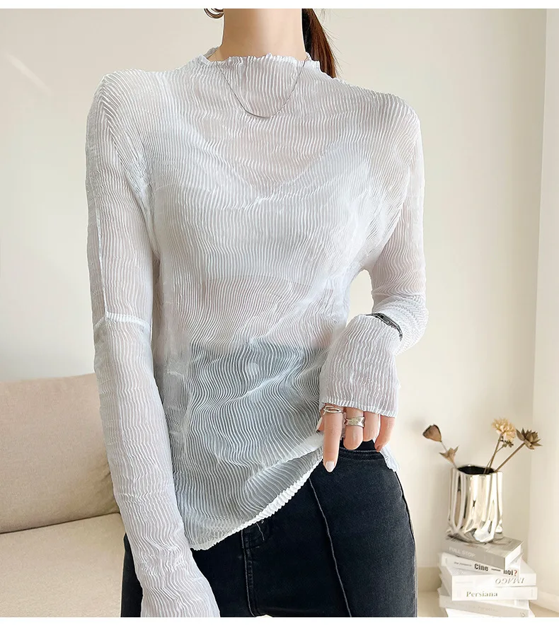 Miyake Ultra-Thin Sheer Top, Women's Spring/Summer Long-Sleeved Sun Protection Stylish Versatile Pleated Top for Inner Wear