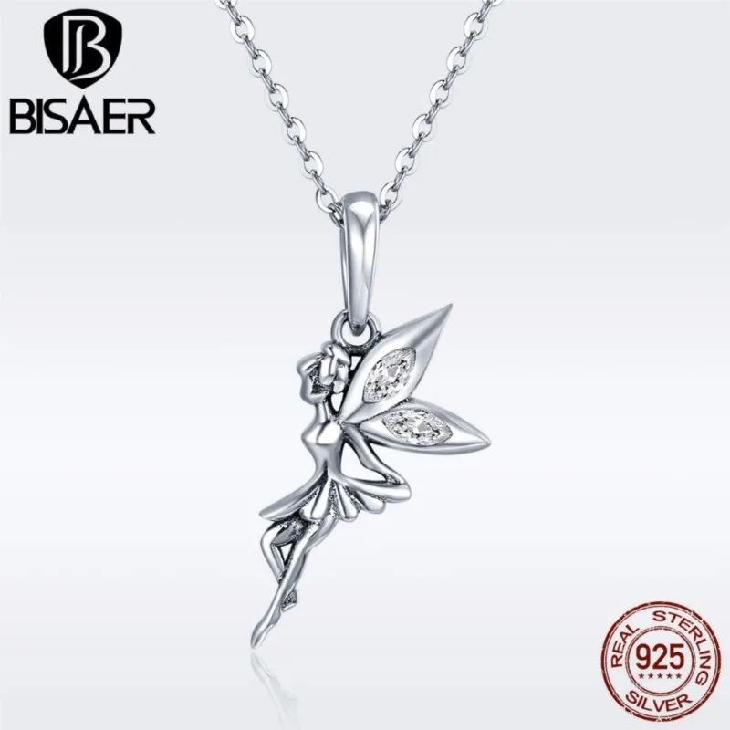 BISAER Authentic 100% 925 Sterling Silver Flower Fairy Clavicle Pendants Necklaces Adjustable Chain For Women Fine Jewelry