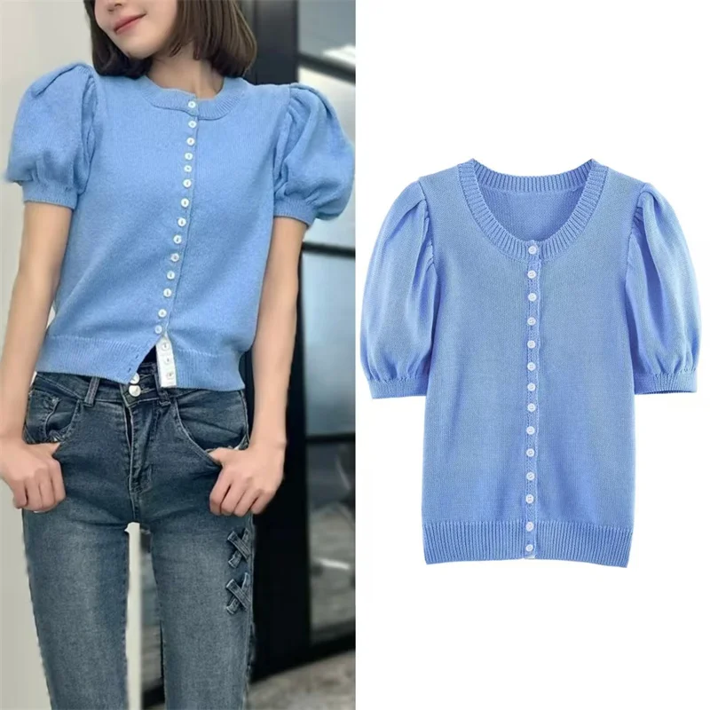 

ZHIO Women's Jacket 2026 Summer New Style Blue Short Sleeve Puff Sleeve Simple Knit Cardigan Jacket Casual Fashion Versatile