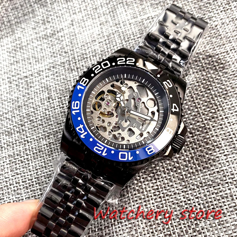 New 40mm NH70 Movement Black PVD Mens Watch Sapphire Glass Luminous Hands Ceramic Black Blue Bezel steel Bracelet