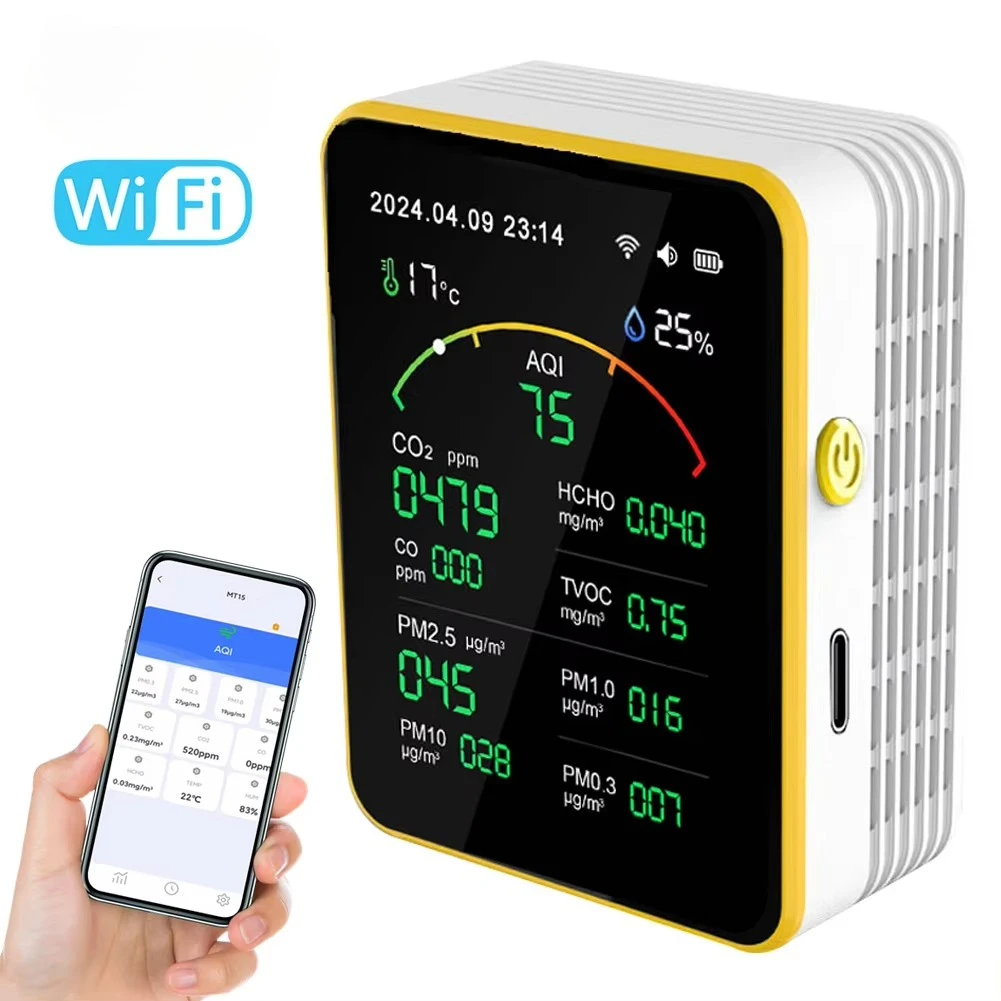 

WiFi 15 in1 Air Quality Detector AQI PM0.3 PM1.0 PM2.5 PM10 CO CO2 TVOC HCHO Temperature and Humidity Tester Meter