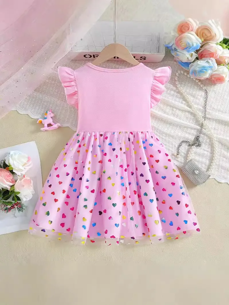 2026 Summer Girls Pink Unicorn Printed Dress Korean Version Style Children Purple Short-sleeved Mesh Princess Dress