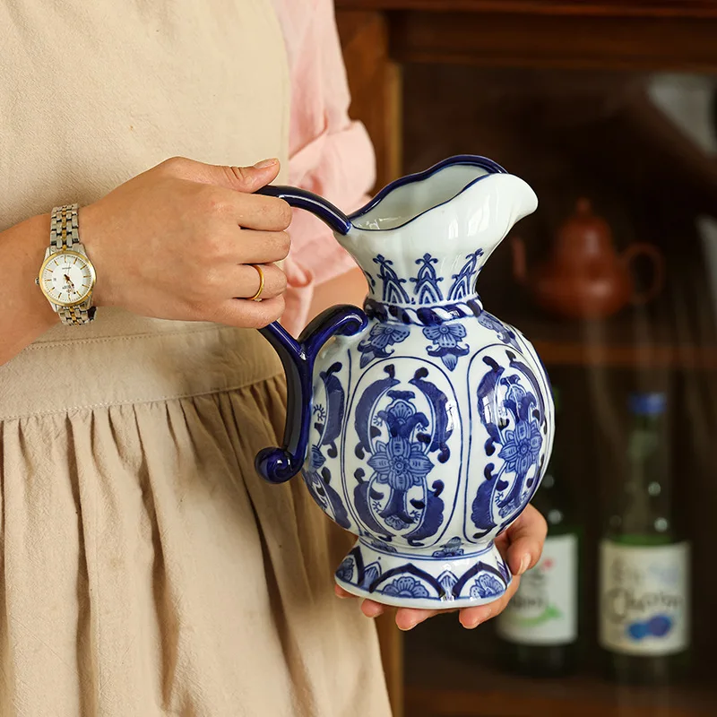 Blue White Floral Ceramic Pitcher Vase Single Handle Jug Container Vintage Tabletop Fresh Dried Flower Home Decor Ornament
