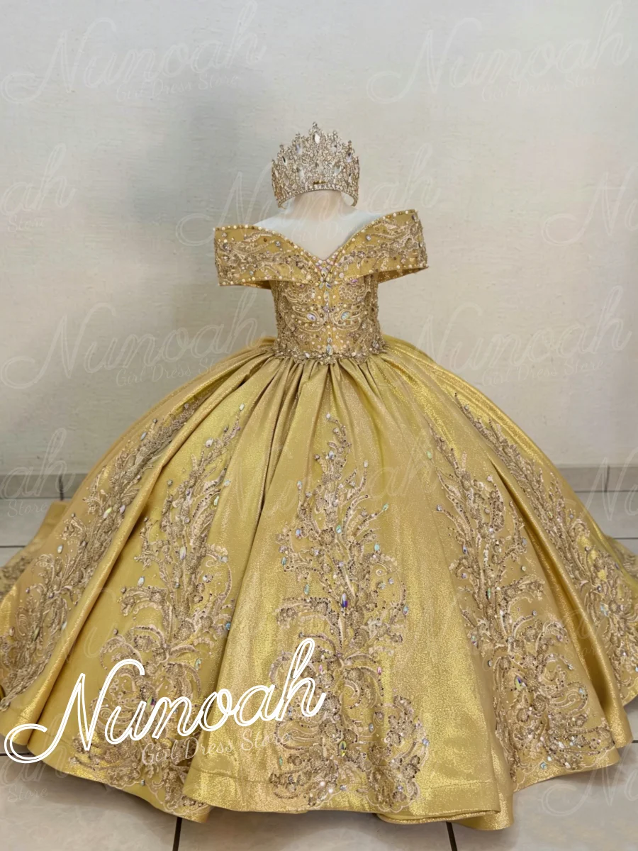 

Yellow Flower Girl Dress For Wedding Sequins Lace Appliques Girl Birthday Party Satin Beaded First Communion Gowns Customized