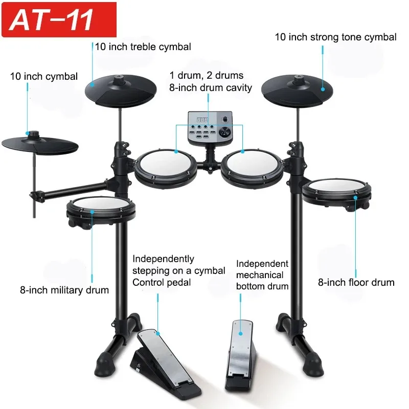 Electronic Drum Set MT10 Convenient 5-drum, 3-cymbal All-silicone Electronic Drum Kit 180 Tones USB, MIDI, Headphone Interface.