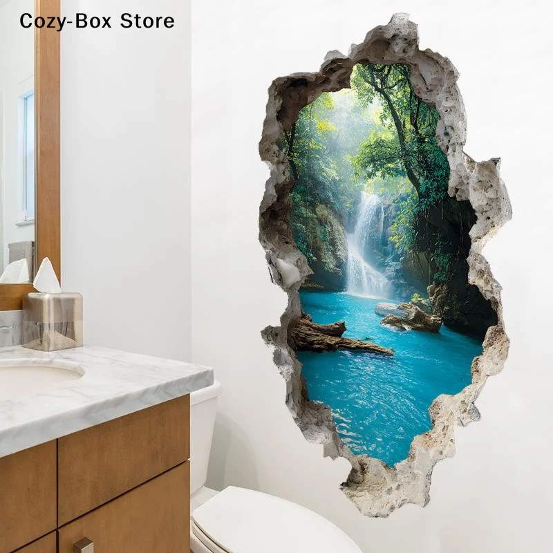 Hole Valley Wall Stickers Waterfall Scenic Landscape Creative Wall Stickers For Bedrooms Room Bathroom Home Decoration Stickers