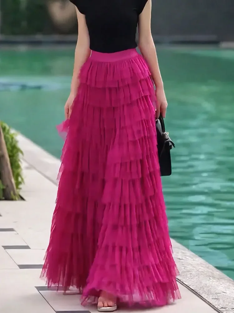 Elegant Pink Puffy Half Skirt High Waist Slimming Design Mesh Skirt Commute Style Ladylike 2025 Summer Plus Size