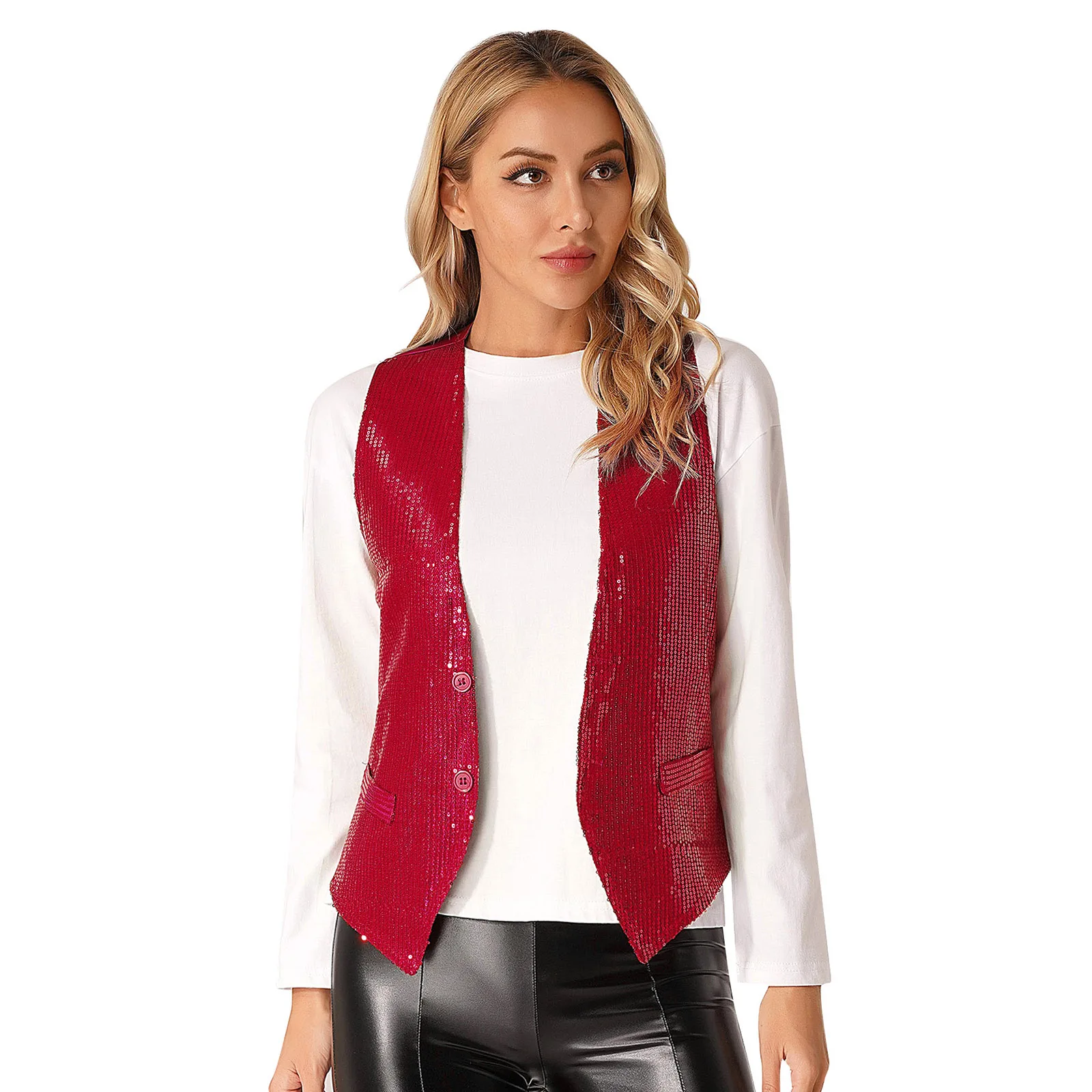 Fashion Women Sleeveless Vests Glittery Sequins Vest Music Festival Clubwear Waistcoat for Jazz Dancing Party Club Costumes